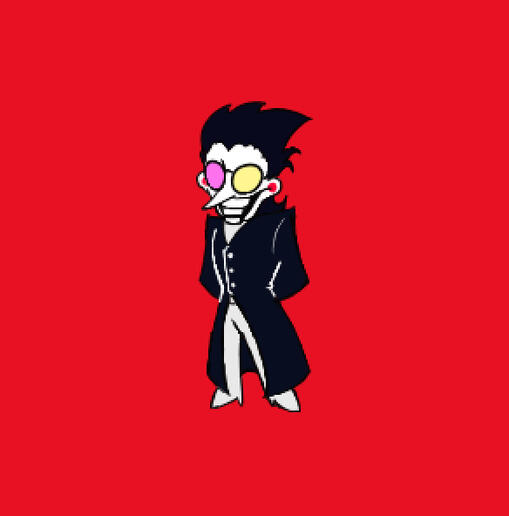 Spamton from deltarune is standing against a red background with his arms behind his back.
